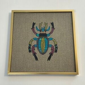West‎ Elm Gold Framed Wall Art Embroidered Beaded Beetle Decor 10"